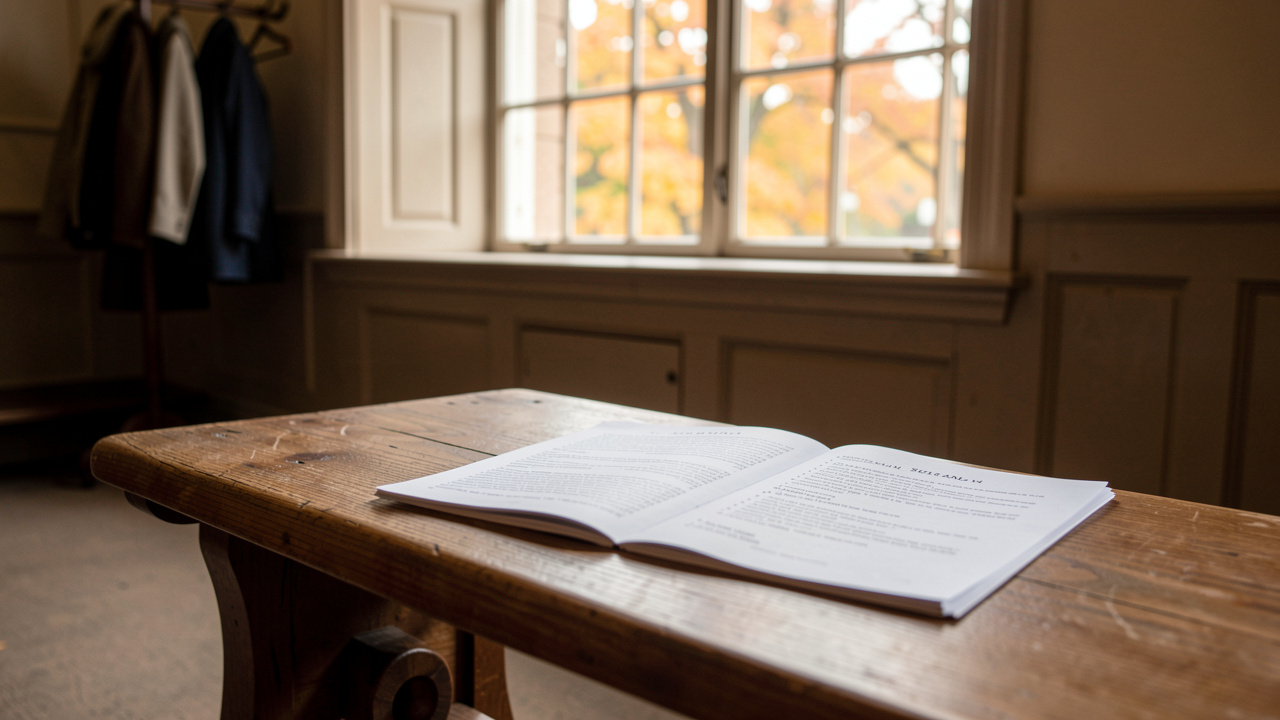 A printed season programme resting on a wooden bench in a theatre lobby, autumn light falling through a tall window behind it, shot from a slight angle with the bench and coat rack in frame.