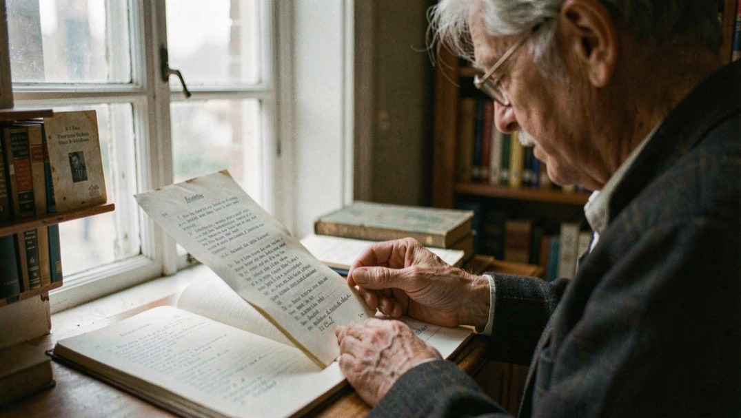 A historian comparing typed research notes and a dated index card beside a softly lit library window