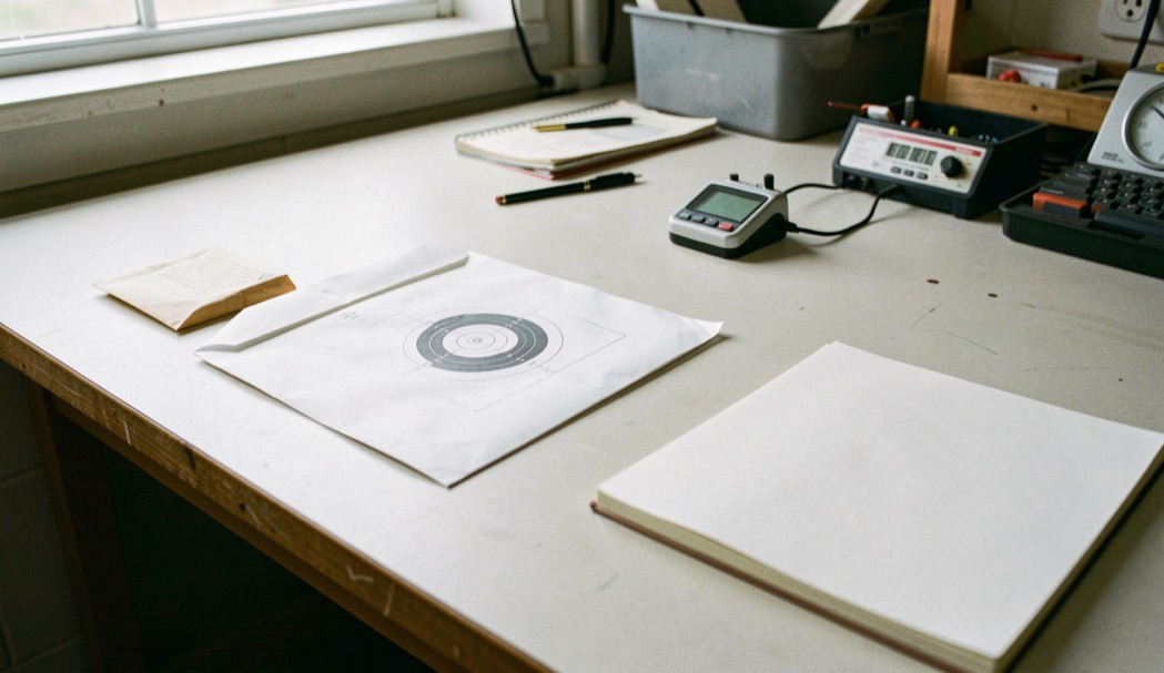A wooden table by a window in daylight, a single metal crochet hook resting on a half-finished square of cream cotton, a ball of yarn and a printed pattern sheet with pencil ticks beside it, shot from slightly above.