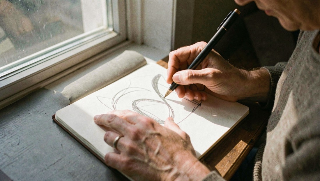 A close overhead shot of a child's exercise book on a wooden desk, Seyès ruled paper with a half-finished cursive line, a pencil resting in the gutter, soft daylight from a window on the left.