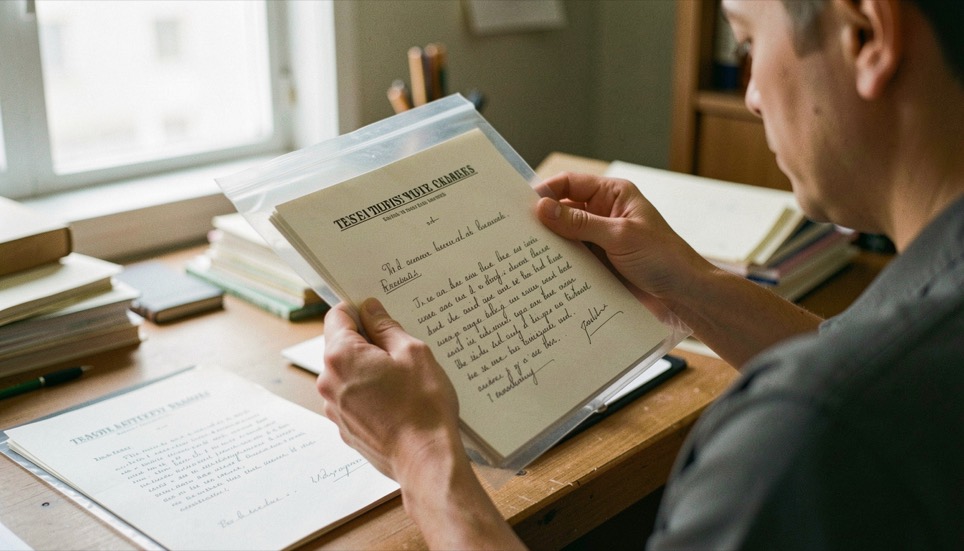 An archivist placing a handwritten testimony folder into a protective sleeve in a softly lit workspace