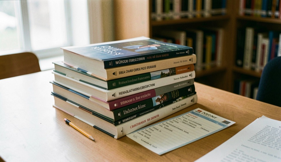 A small library stack of research books, a catalog card and a pencil on a quiet reading table