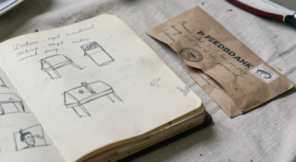 Close view of a dated field notebook with rough sketches and a separate feedback envelope on a linen table