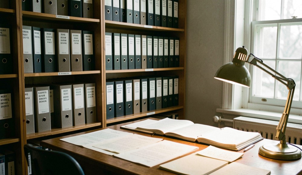 A quiet archival reading room with labeled government folders, a desk lamp and paper notes arranged for research